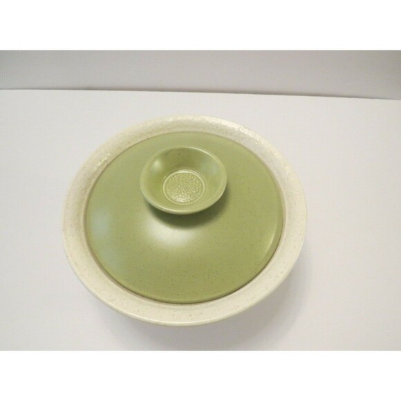Calif Pottery 715 Mid Century Modern Bowl 1 qt Ivory Speckled Lid Lime Green USA - Picture 5 of 12